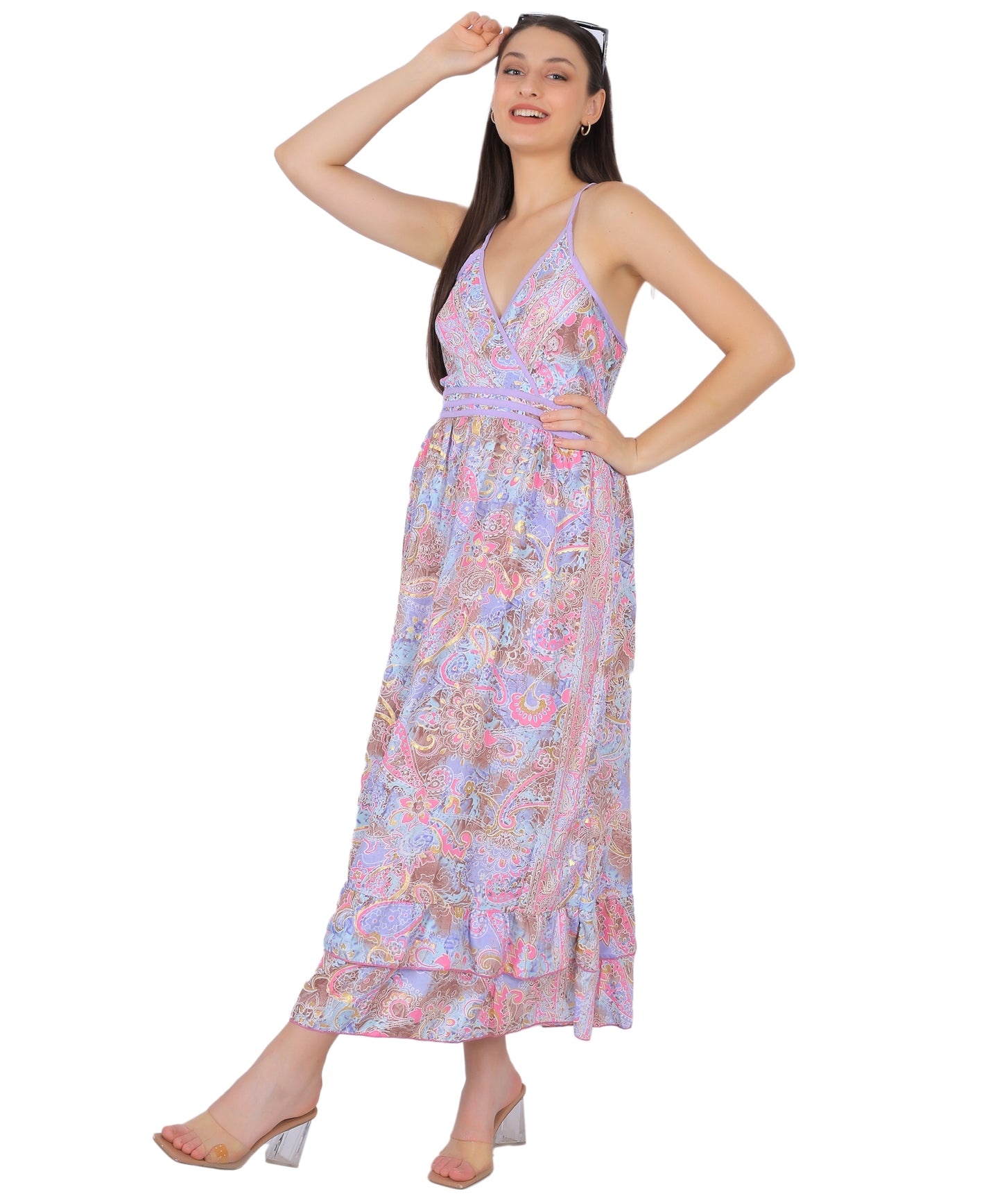 Boho Silk Long Dress | Free Size Tu | Pastel Indian Saree Dress