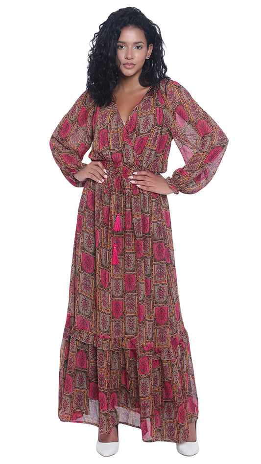 Printed Long Dress with Long Sleeves & Cross Neck