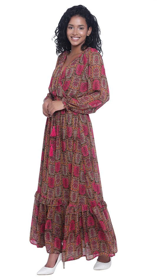 Printed Long Dress with Long Sleeves & Cross Neck