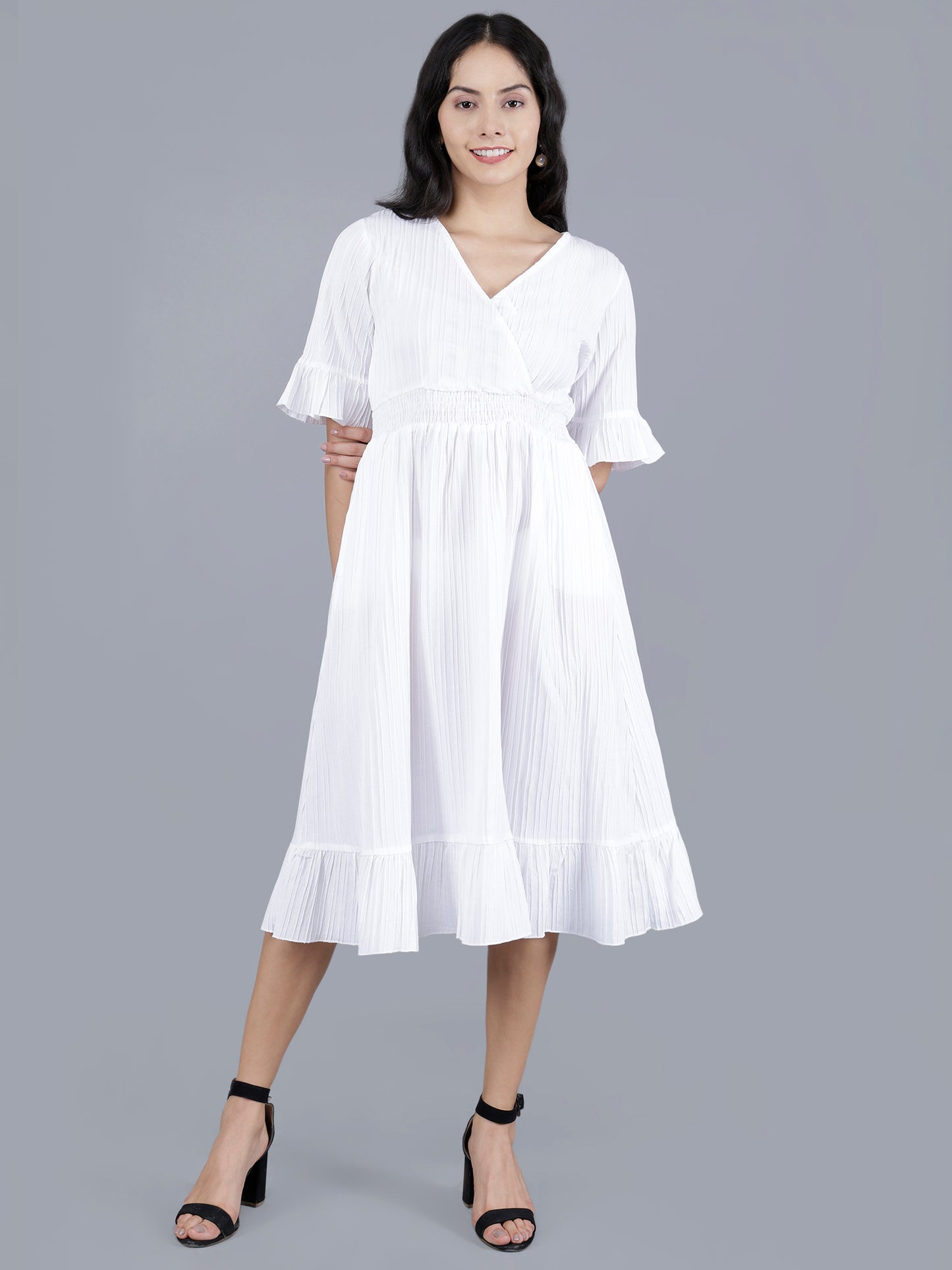 Western Short Dress – Solid Color with Waist Smocking | Striped Poly Fabric