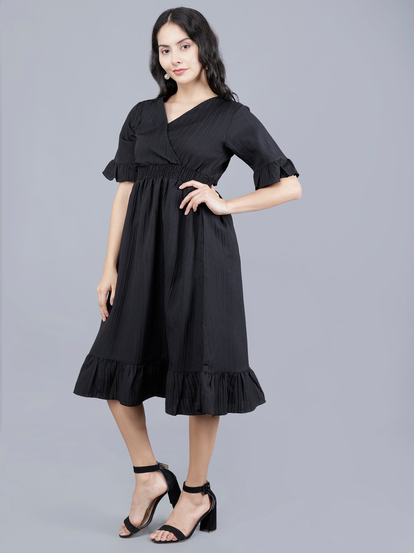 Western Short Dress – Solid Color with Waist Smocking | Striped Poly Fabric